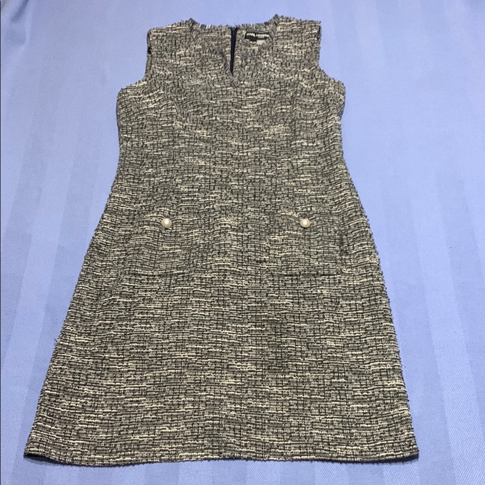 Karl Lagerfeld Monochrome Tweed Dress Sleeveless Sheath Mini Dress